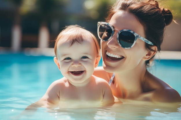 Portrait of smiling mother and her baby in swimming pool in sunny day happy family summer vacation
