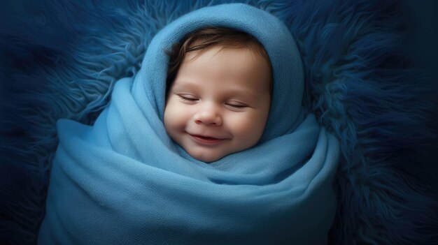 Portrait of smiling newborn baby wrapped in blue blanket