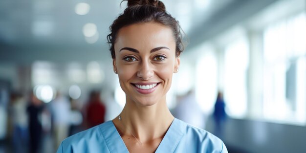 Portrait of a smiling nurse in a blurry hospital background