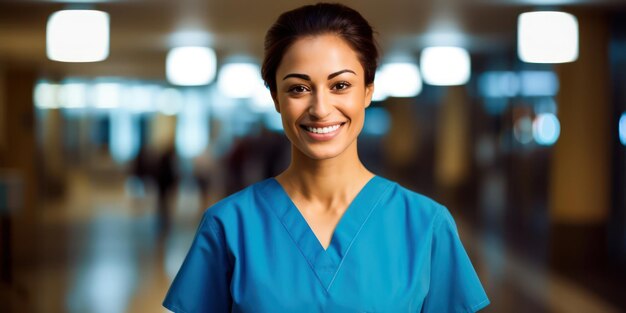 Portrait of a smiling nurse in a blurry hospital background