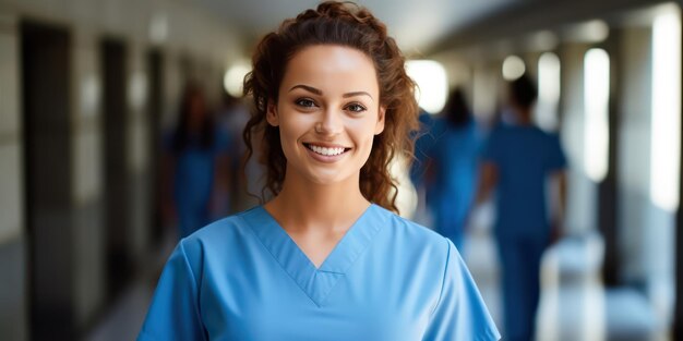 Photo portrait of a smiling nurse in a blurry hospital background