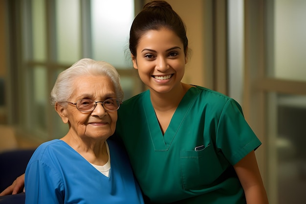 Foto ritratto di infermiera sorridente e paziente anziano in ospedale cure infermieristiche