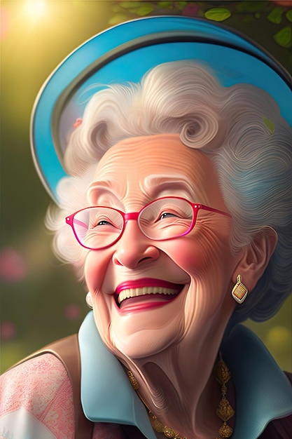 A portrait of a smiling old lady with glasses