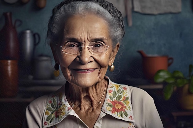 Ritratto di donna sudamericana anziana sorridente con capelli grigi che guarda l'obbiettivo ia generativa