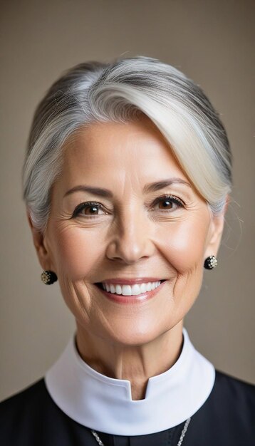 Photo portrait of smiling older female priest wearing collar with blurred background