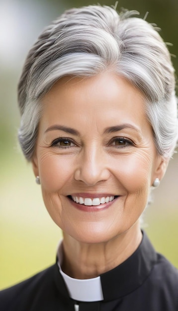 Photo portrait of smiling older female priest wearing collar with blurred background