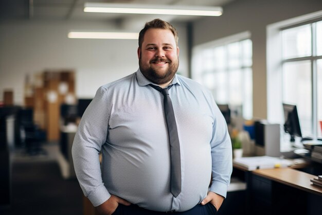 Portrait of a smiling overweight manager standing in an office