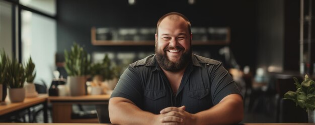 Photo portrait of smiling plus size man near the laptop in the office generative ai