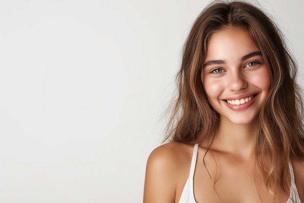 Foto ritratto di una giovane donna sorridente, carina e amichevole con caratteristiche caucasiche ma brune che posa semplicemente su uno sfondo bianco con spazio di copia