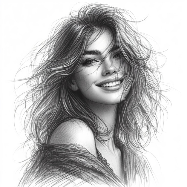 Photo portrait of a smiling pretty woman with fluttering hair pencil drawing