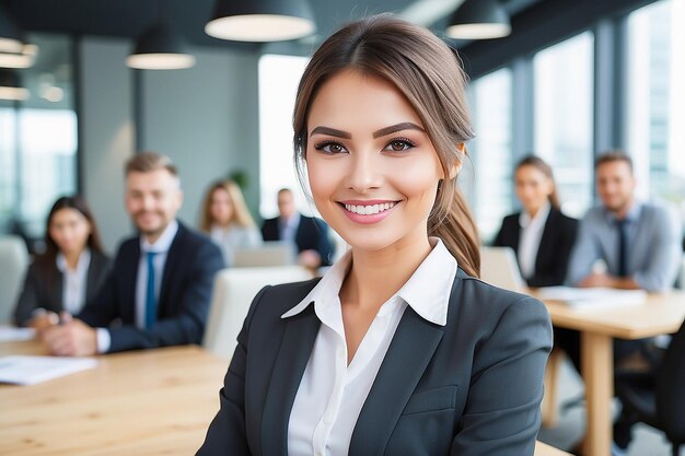 Portrait of smiling pretty young business woman with blur team working