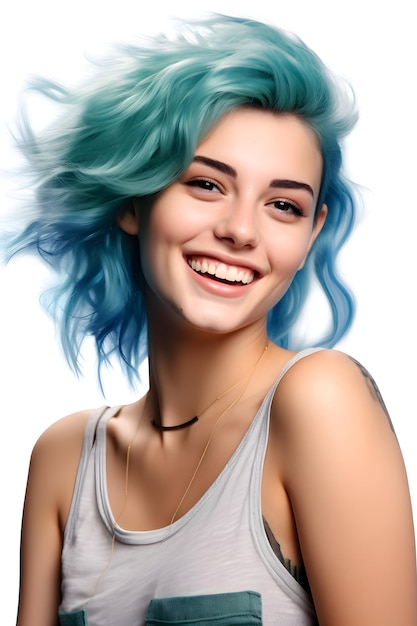 흰색 배경에 고립 된 파란 머리를 가진 웃는 예쁜 젊은 여자의 초상화
