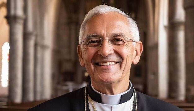 Portrait of a smiling priest inside a church