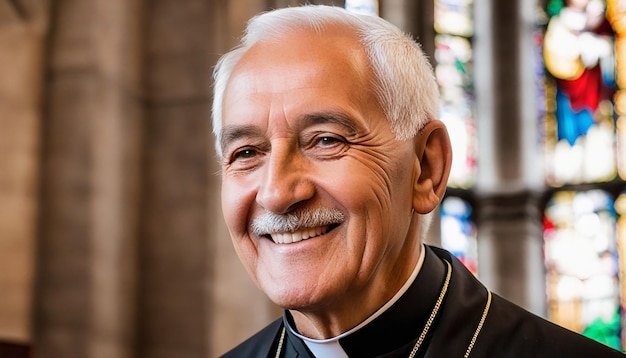 Photo portrait of a smiling priest inside a church