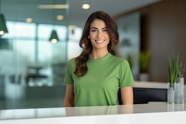 Foto ritratto di una receptionist sorridente, una donna che saluta un cliente, una donna d'affari felice, una ricezione in ufficio.