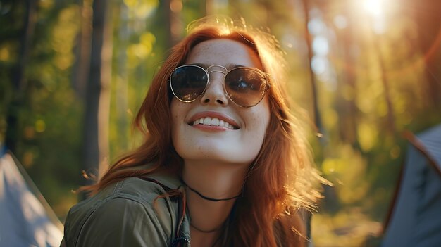 Portrait of a smiling red hair white woman wearing sunglasses camping in nature