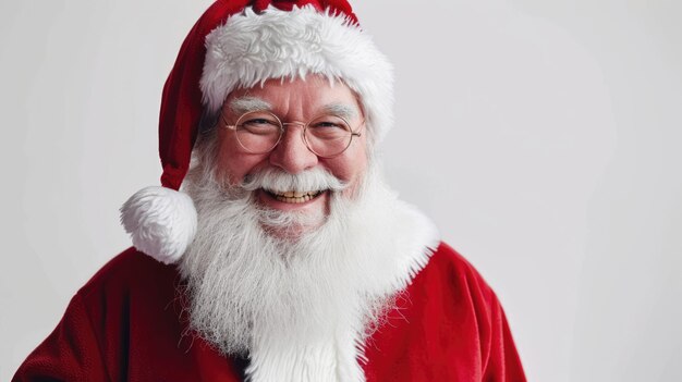 Foto ritratto di un babbo natale sorridente su uno sfondo bianco