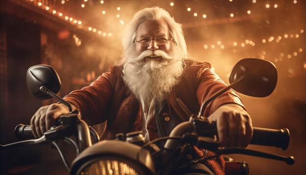 Portrait of a smiling santa klaus driving a motorbike rembrandt light high quality photograph ph