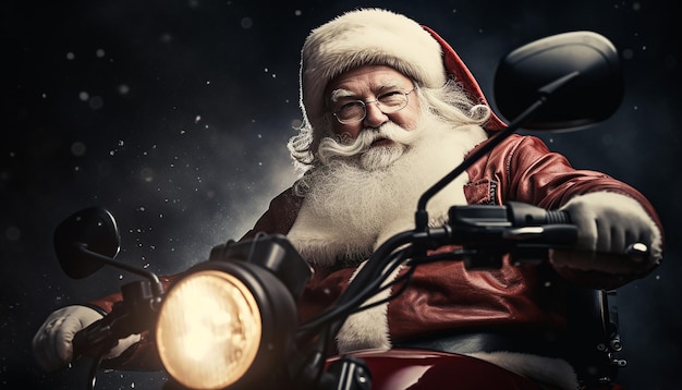 Photo portrait of a smiling santa klaus driving a motorbike rembrandt light high quality photograph ph