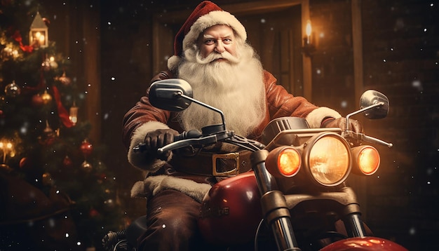 Portrait of a smiling santa klaus driving a motorbike