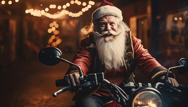 Photo portrait of a smiling santa klaus driving a motorbike