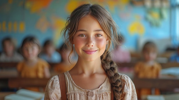 Portrait of a smiling schoolgirl with braids in the classroom