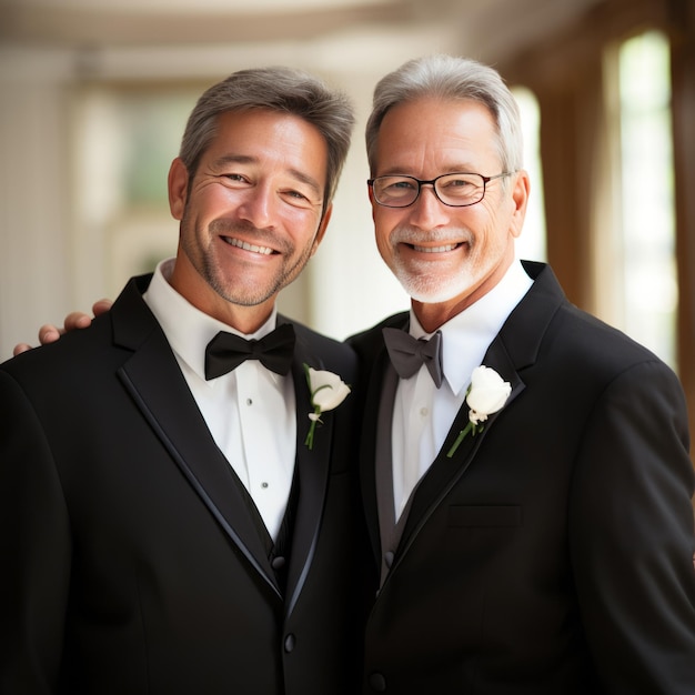 Portrait of a smiling senior gay couple in tuxedo at wedding