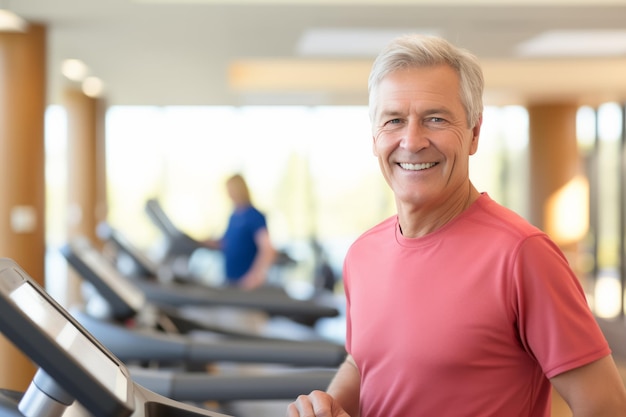 카메라 를 쳐다보는 동안 체육관 에서 미소 짓는 노인 의 초상화 건강 한 생활 방식