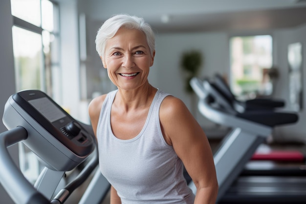 Portrait of smiling senior woman exercising on treadmill in fitness center at home