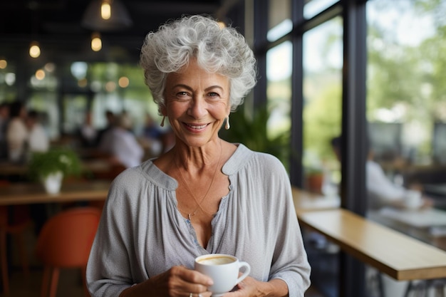 Portrait of smiling senior woman holding cup of hot drink in cafe