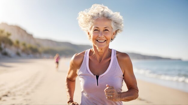 Портрет улыбающейся пожилой женщины, бегущей по пляжу утром