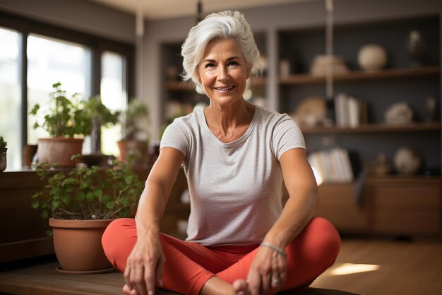 Portrait of smiling senior woman sitting on the floor in yoga studio ia generated