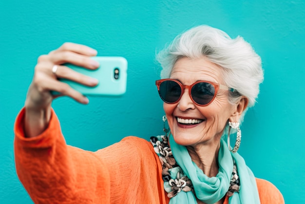 Portrait of a smiling senior woman taking a selfie with her mobile phone Generative AI