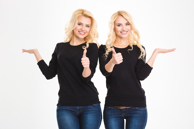 Portrait of a smiling sisters twins showing thumbs up and holding copyspace on the palms isolated on a white background