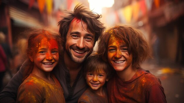 Portrait of a smiling small family celebrating holi and on back celebrating holi festival