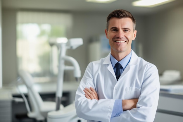 Portrait of a smiling solid male dentist on the background of a modern dental office austrian