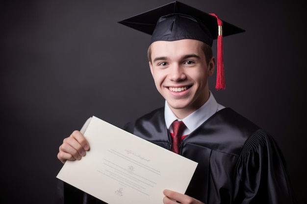 生成 AI で作成された卒業証書を掲げる笑顔の学生のポートレート