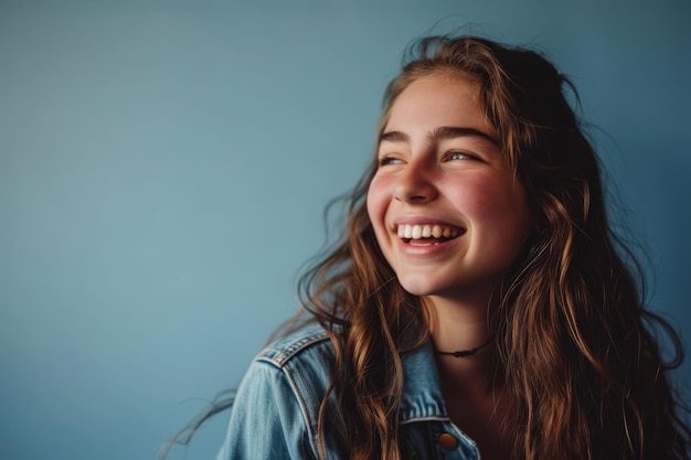 Foto ritratto di una ragazza adolescente sorridente su uno sfondo blu