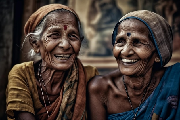笑顔の 2 つの南アジアの老婦人の肖像画