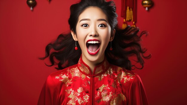 Портрет улыбающейся модной азиатской девушки в китайской традиционной одежде на твердом красном фоне