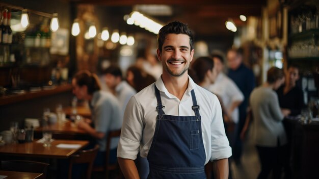 Portrait of a smiling waiter in a busy restaurant