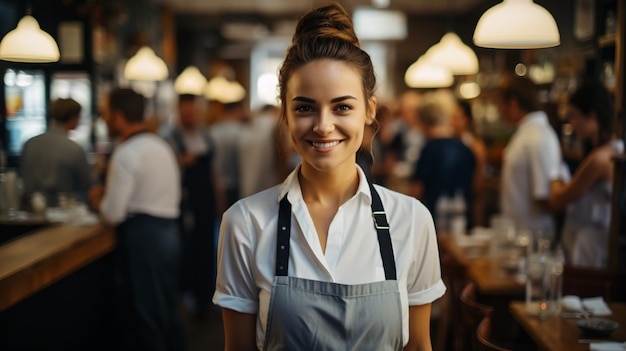 Portrait of a smiling waitress in a busy restaurant