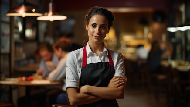 Portrait of smiling waitress standing with arms crossed in cafe