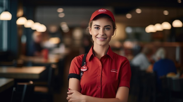 Портрет улыбающейся официантки, стоящей с скрещенными руками в кафе