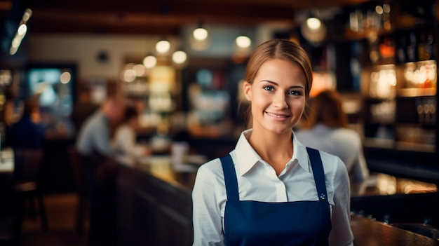 portrait of smiling waitress with cup of coffee