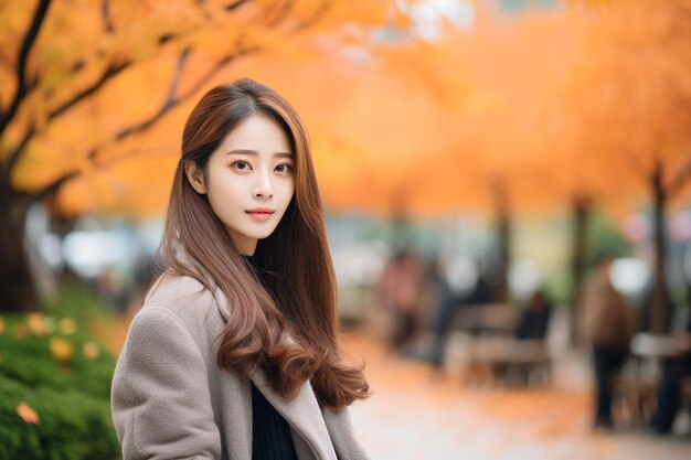 Portrait of a smiling woman autumn leaves background