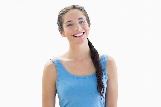 Portrait of a smiling woman in blue tank top