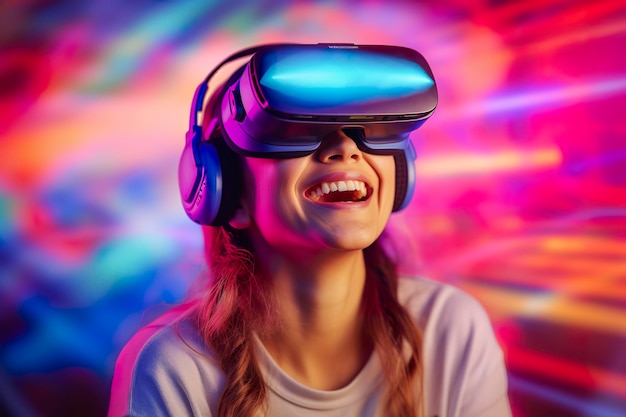 Portrait of a smiling woman in casual clothes wearing virtual reality glasses and playing neo light blurred neo color background ai generative
