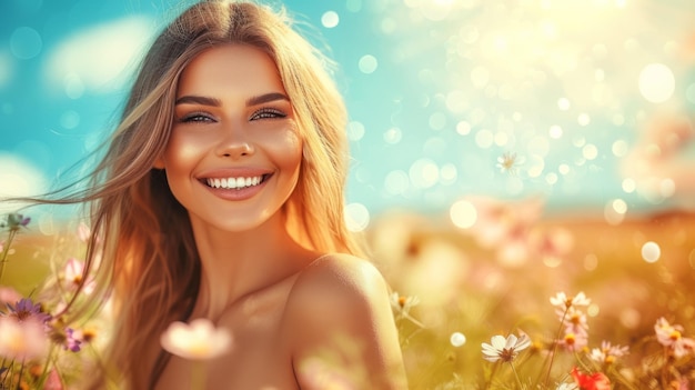 Портрет улыбающейся женщины на поле цветов