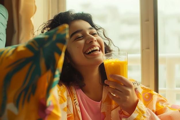 Portrait of smiling woman having food at home